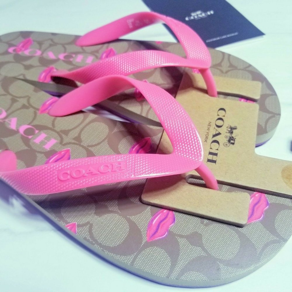 COACH Women’s Zak Flip Flop Sandal W LIPS Khaki/Fuchsia Rare Design Size 11 NWT